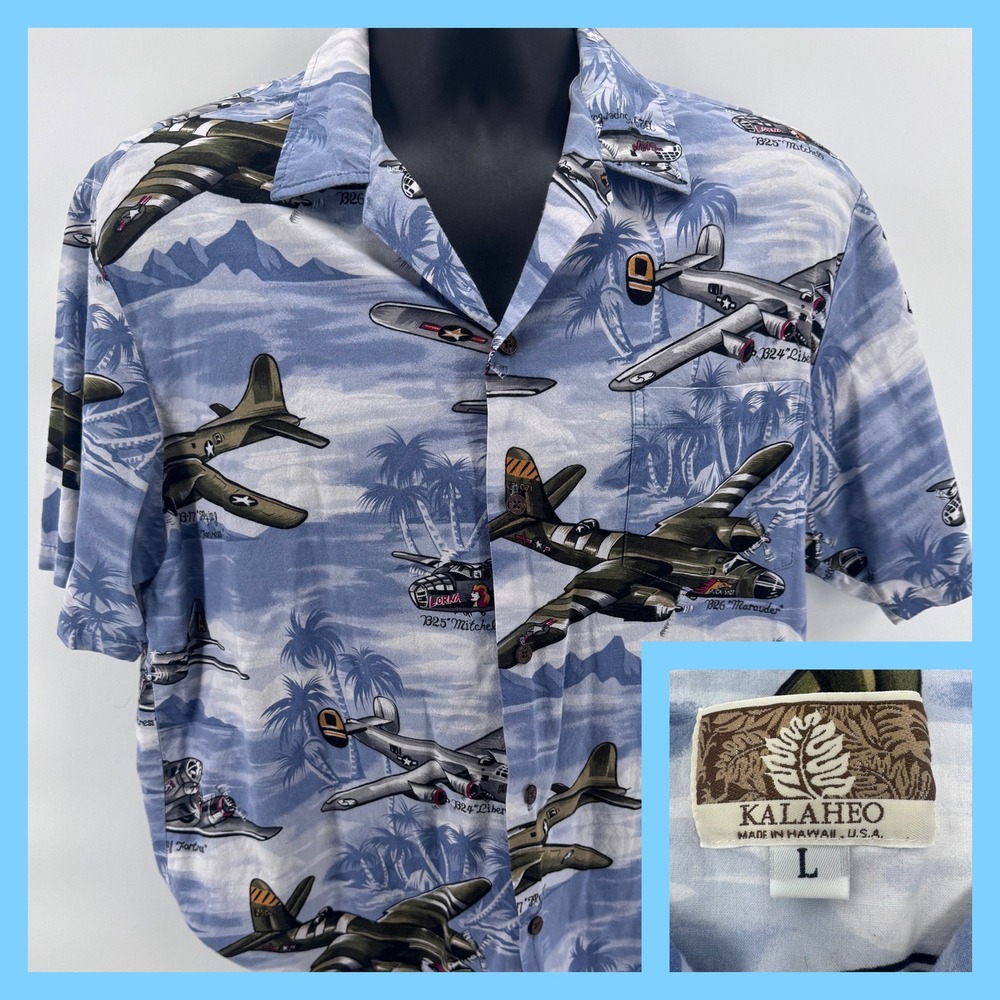 Kalaheo Shirt Mens L Blue WWII Warbirds Aviation Hawaiian Made in Hawaii USA